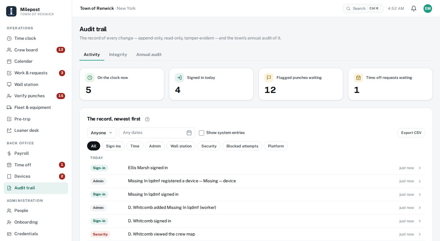 Milepost Audit trail: every change on the record, newest first, in plain sentences
