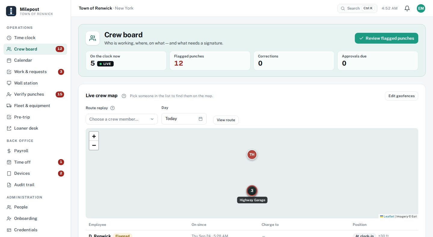 Milepost Crew board: who's on the clock now, flagged punches, corrections and approvals due, and the crew map