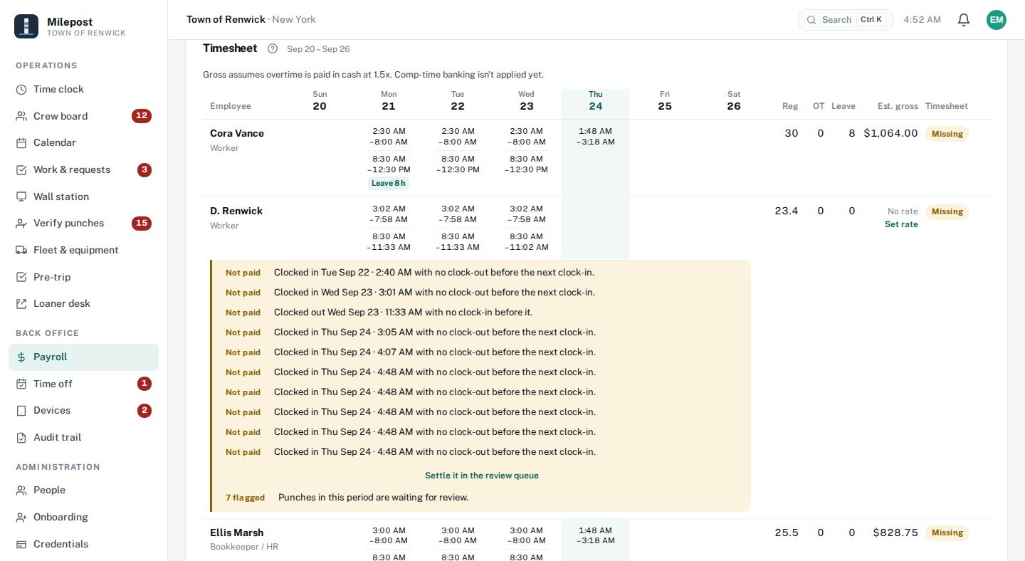 Milepost Payroll: each person's shifts by day, their regular, overtime and leave hours, estimated gross, and what isn't paid yet