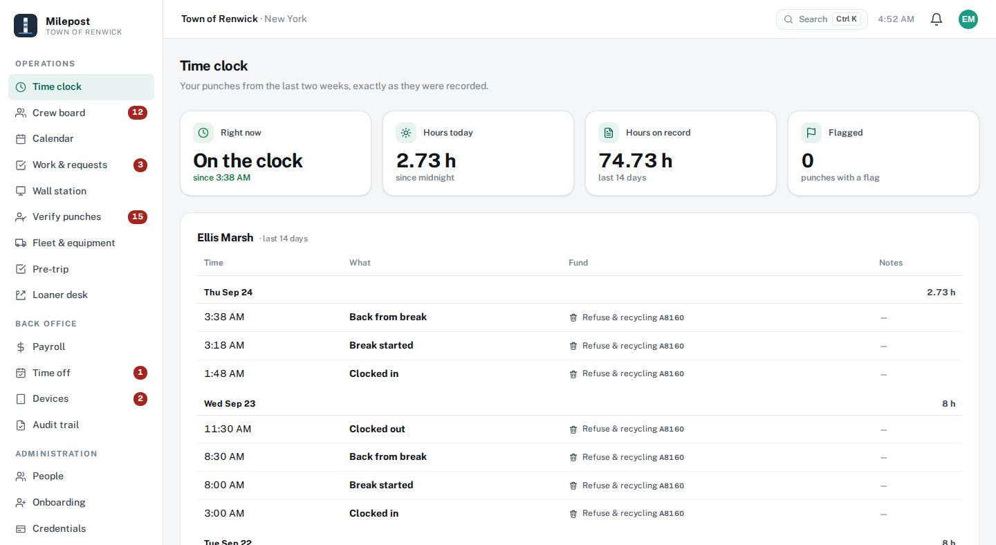 Milepost Time clock: whether you are on the clock, your hours today, and every punch you made, as recorded
