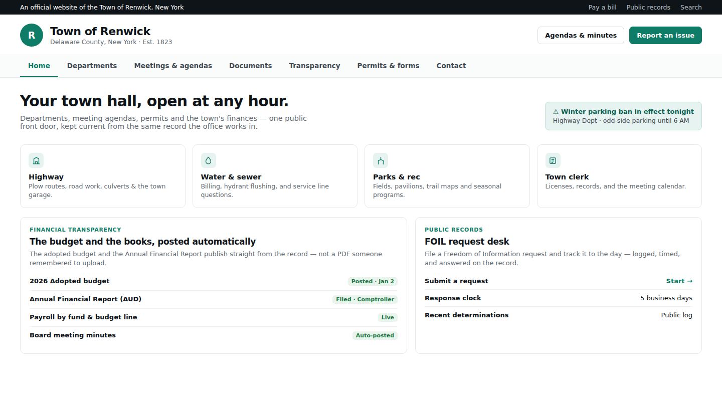 An illustration of the coming town website: public departments, a transparency page, and a public-records desk